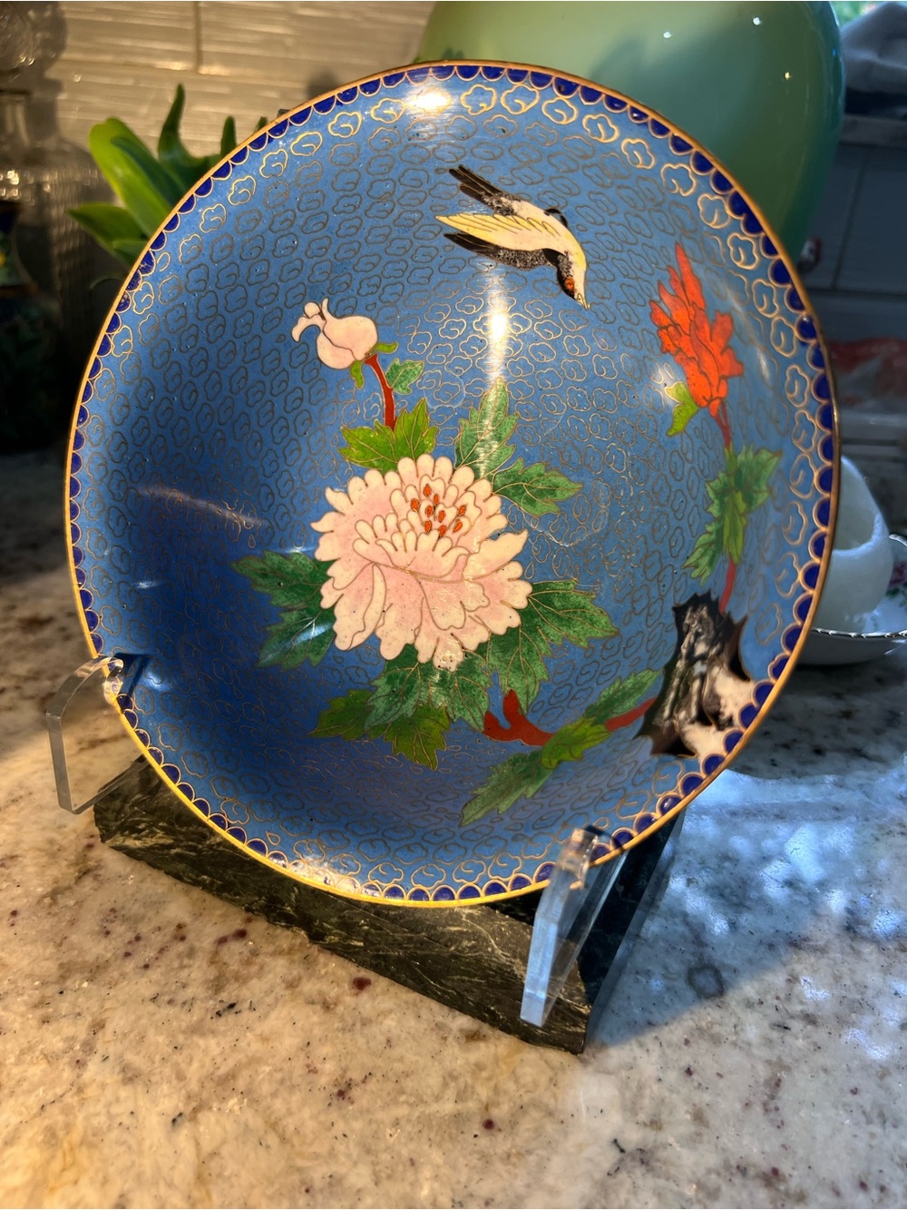 Antique Blue and Pink Floral Cloisonné Bowl, Like New
